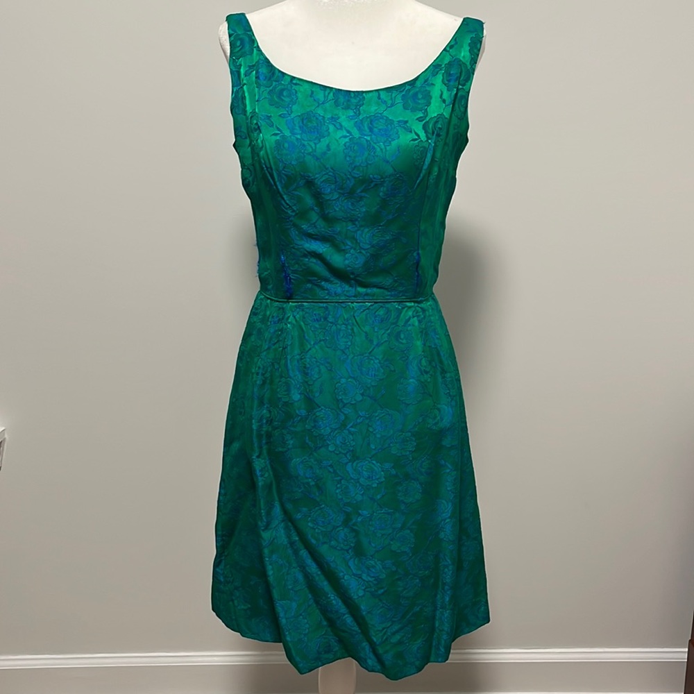 1970s Vintage teal green and blue floral embroidered dress.